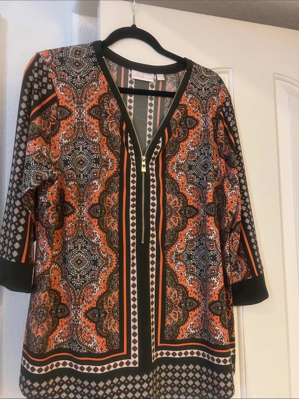 Belle by Kim Gravel Orange Paisley Zip-Front Tunic